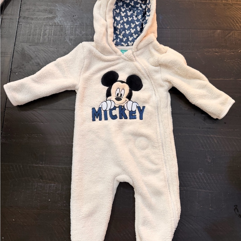 Disney Infant Cream Mickey Hooded Footie with Navy Lined Hood